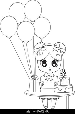 Happy birthday Design mit asiatischen Mädchen mit Tabelle mit Ballons und Geburtstagstorte mit weißem Hintergrund, Vector Illustration Stock Vektor