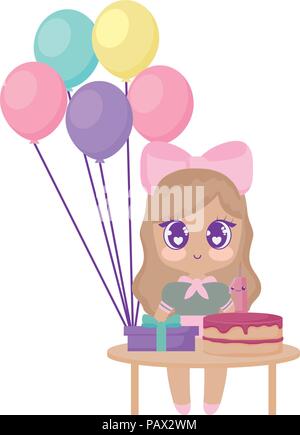 Happy birthday Design mit asiatischen Mädchen mit Tabelle mit Ballons und Geburtstagstorte mit weißem Hintergrund, Vector Illustration Stock Vektor