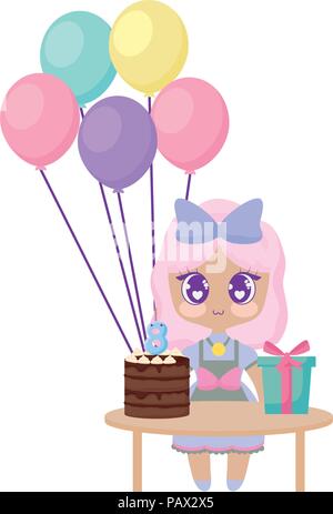 Happy birthday Design mit asiatischen Mädchen mit Tabelle mit Ballons und Geburtstagstorte mit weißem Hintergrund, Vector Illustration Stock Vektor