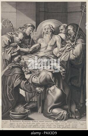 Der Tod des Heiligen Antonius, von Heiligen auf seinem Sterbebett umgeben. Artist: Nach Peter Paul Rubens (Flämische, Siegen 1577-1640 Antwerpen); Peeter Clouwet (Flandern, Antwerpen Antwerpen 1629-1670). Abmessungen: Blatt (getrimmte): 18 11/16 x 12 1/2 in. (47,5 × 31,7 cm). Datum: 1649. Museum: Metropolitan Museum of Art, New York, USA. Stockfoto