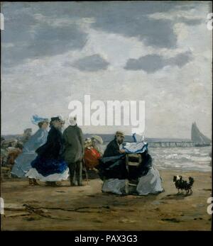 Am Strand, Dieppe. Künstler: Eugène Boudin (Französisch, Honfleur 1824-1898 Deauville). Abmessungen: 12 1/2 x 11 1/2 in. (31,8 x 29,2 cm). Datum: 1864. Die sich wandelnden Himmel der französischen Kanalküste und die modische Massen auf der Resort Strände waren die Boudin's lebenslanges Themen. Diese Bilder wurden eifrig gesammelt, den Erfolg des Künstlers. 1863 sagte er: "Sie lieben meine kleinen Damen am Strand, und einige Leute sagen, dass es einen Thread von Gold es auszunutzen.". Museum: Metropolitan Museum of Art, New York, USA. Stockfoto