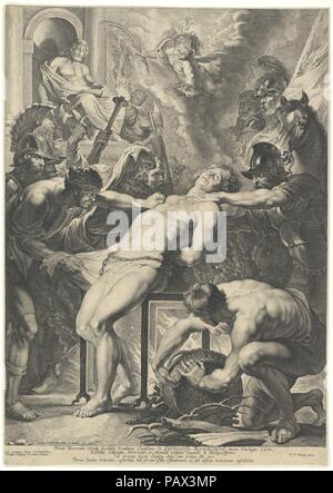 Das Martyrium des Heiligen Laurentius. Artist: Nach Peter Paul Rubens (Flämische, Siegen 1577-1640 Antwerpen); Lucas Grimm ICH (Flämisch, Zaltbommel 1595-1675 Antwerpen). Dedicatee: Laurentius Beyerlinck. Abmessungen: Blatt (getrimmte): 15 3/8 x 10 7/8 in. (39 × 27,6 cm). Datum: 1621. In realisiert die potenziellen Gewinne aus der reproduktiven Gravuren von seiner Arbeit, Rubens begann Junge Grafiker ab 1619 weiter zu engagieren. Lucas Grimm, die das Üben als Kupferstecher ab dem Alter von zwölf war, war der erste Stecher für Rubens zu arbeiten. In 1621, Grimm machte diese Gravur, mit Rubens Stockfoto