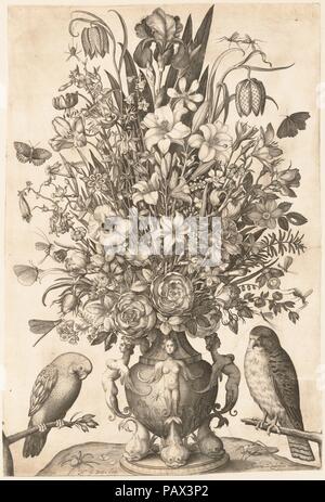 Vase mit Blumen mit zwei Vögel. Artist: Gestochen von Nicolaes de Bruyn (Niederländischen, Antwerpen, Rotterdam 1571-1656); Nach? Jakob Savery I (Niederländischen, Ca. 1565-1603). Maße: Blatt: 23 3/8 x 15 7/8 in. (59,4 x 40,3 cm). Datum: 1590-1656. Museum: Metropolitan Museum of Art, New York, USA. Stockfoto