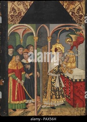 Panel mit der Engel zu Zacharias (aus einem Altarbild Darstellung von Johannes dem Täufer und Szenen aus seinem Leben). Artist: Domingo Ram (Spanisch, Aragon, aktive 1464-1507). Kultur: Spanisch. Abmessungen: 37 1/2 x 27 1/4 in. (95,3 x 69,2 cm) Gesamte Retabel: 139 x 100 in. (353,1 x 254 cm). Datum: 1464-1507. Zacharias, der Vater von Johannes dem Täufer, erscheint in einem aufwendigen Kostüm mit hängenden Glocken und Granatäpfel. Die jüngsten Stipendium hat gezeigt, dass diese seine Rolle als der Hohepriester, deren einzigartige Privileg es ist, das Allerheiligste des Tempels in Jerusalem am Yom Kippur zu geben. Stockfoto