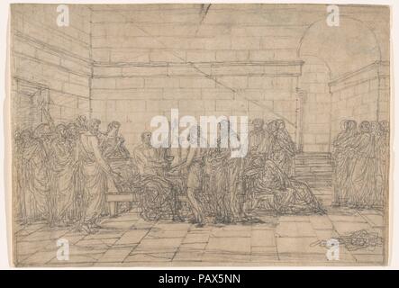 Tod des Sokrates. Künstler: Jean-Baptiste Joseph Wicar (Französisch, Lille 1762-1834 Rom). Maße: Blatt: 10 1/4 x 14 3/4 in. (26 × 37,4 cm). Datum: Ca. 1782-92. In Lille Wicar geboren, studierte Kunst in der französischen Hauptstadt, in das Atelier von Jacques-Louis David im Jahre 1781. Er begleitete David nach Rom im Jahr 1784 und - mit Ausnahme von zwei kurze Perioden, verbrachte den Rest seines Lebens in Italien. Er erzielte Erfolg als Maler von Porträts und Geschichte Themen im Stil seines Meisters. Wurde er in die Accademia di S Luca in Rom gewählt sowie Akademien in Neapel, Mailand und Bologna. Wicar war Stockfoto