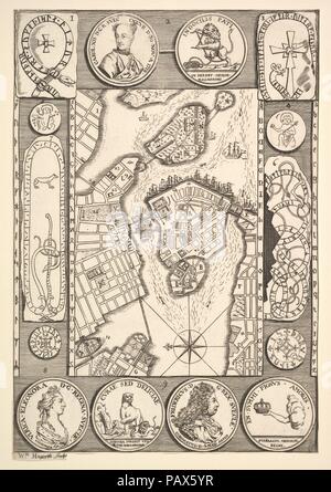 Karte von Stockholm (Aubry de La Mottraye's" Reisen durch Europa, Asien und in Afrika...", London, 1724, Bd. II, PL. 32). Künstler: William Hogarth (Briten, London 1697-1764 London). Thema: Veranschaulicht Aubry de La Mottraye (Französisch, 1674-1743). Maße: Blatt: 9 15/16 x 6 11/16 in. (25,2 x 17 cm). Datum: 1723-24. Museum: Metropolitan Museum of Art, New York, USA. Stockfoto
