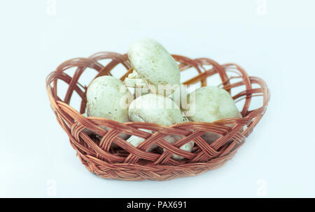 Frische Pilze in einem Weidenkorb. isoliert auf Weiss. Stockfoto