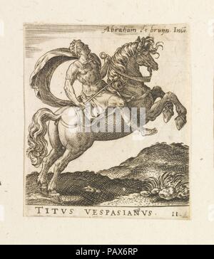 Titus Vespasianus aus zwölf Caesars auf dem Pferd. Artist: Abraham de Bruyn (Flandern, Antwerpen 1540-1587 Köln (?)). Maße: Blatt: 2 5/16 x 1 15/16 in. (5,9 x 5 cm). Datum: Ca. 1565-1587. Museum: Metropolitan Museum of Art, New York, USA. Stockfoto