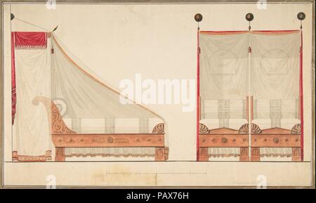 Design für ein Bett und ein Baldachin. Artist: Kreis von Charles Percier (Französisch, Paris 1764-1838 Paris); Kreis von Pierre François Léonard Fontaine (Französisch, Pontoise 1762-1853 Paris). Abmessungen: 8 11/16 x 14 5/8 in. (22 x 37,1 cm). Datum: 18. Museum: Metropolitan Museum of Art, New York, USA. Stockfoto