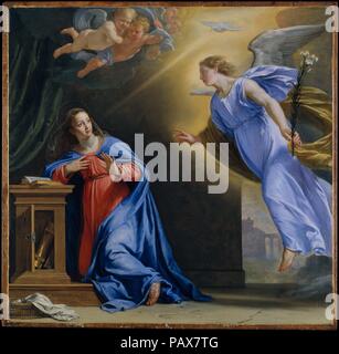 Die Verkündigung. Künstler: Philippe de Champaigne (Französisch, Brüssel 1602-1674 Paris). Abmessungen: 28 x 28 cm. (71,1 x 73 cm); Oberfläche lackiert, 27 1/4 x 27 3/4 in. (69,2 x 70,5 cm). Datum: Ca. 1644. Philippe de Champaigne war einer der Protagonisten des französischen Klassizismus. Seine Kunst, teilweise inspiriert durch seine Verbindung mit jansenismus (eine schwere Gegenreformation Bewegung unterdrückt von Louis XIV), wurde als Kombination von' eine gewissenhafte Perfektionismus grenzt auf Kälte, mit einem inneren Leben des tiefen Intensität beschrieben." Dieses Bild für die Privatkapelle der Königin Anna von Österreich gemalt wurde Stockfoto