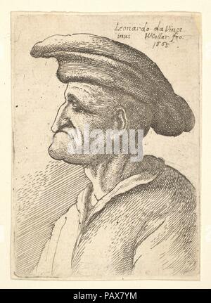 Büste von älteren Mann mit Nase, dass seine Unterlippe entspricht, tragen breite, flache Kappe im Profil nach links. Artist: Nach Leonardo da Vinci (Italienisch, Vinci 1452-1519 Amboise). Maße: Blatt: 2 5/8 x 1 7/8 in. (6,7 × 4,8 cm) Platte: 2 5/8 x 1 7/8 in. (6,6 × 4,7 cm). Plasmaätzer: Wenzel Hollar (Böhmische, Prag 1607-1677 London). Serie/Portfolio: Taucher Titleplate Anticke Gesichter und acht Platten. Datum: 1665. Museum: Metropolitan Museum of Art, New York, USA. Stockfoto