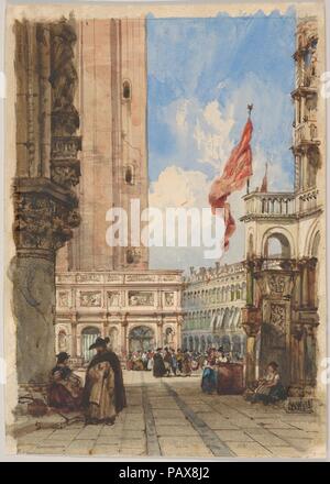 Der Markusplatz, Venedig, mit Loggetta. Künstler: William Wyld (Briten, London 1806-1889 Paris). Maße: Blatt: 10 1/16 x 7 3/16 in. (25,6 x 18,2 cm). Datum: Ca. 1840. Dieses lebhafte Aquarell vereint mehrere berühmter venezianischer Sehenswürdigkeiten. Zentriert auf den Campanile sitzen über Sansovino der Loggetta, die Aussicht ist links und rechts von der Dogenpalast und der St. Mark's Kathedrale, gerahmt und mit einem Spaziergang Kleriker und Lounging Hausierer belebt. In London geboren, Wyld wurde Sekretär des britischen Konsuls in Calais um 1826, dann beschlossen, Kunst zu verfolgen, nach der Einnahme von Aquarell Lektionen von Louis Franç Stockfoto