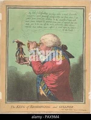 Der König von Brobdingnag und Gulliver. Vide. Von Swift Gulliver: Reise nach Brobdingnag. Künstler: James Gillray (Briten, Chelsea London, 1756-1815); Nach Oberstleutnant Thomas Braddyll (British, 1776-1862). Abmessungen: Blatt (Eindruck abgeschnitten): 12 1/16 x 9 5/8 in. (30,6 x 24,4 cm). Herausgeber: Hannah Humphrey (London). Datum: 26. Juni 1803. Napoleon Bonaparte, Ersten Konsul von Frankreich, Sitzstangen auf der Hand seiner Gegner König Georg III., der ihn durch ein Fernglas. Fünf Wochen vor diesem Druckjob wurde veröffentlicht, die dürftige Frieden von Amiens zwischen Großbritannien und Frankreich abgebrochen hatte. Der Titel r Stockfoto