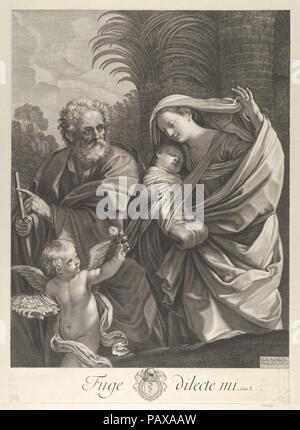 Die Flucht nach Ägypten; der Heilige Familie zusammen wandern, Saint Joseph nach links und die Jungfrau mit dem Kind, Christus, ein Engel vor ihr eine Blume, nach Reni. Artist: Nach Guido Reni (Italienisch, Bologna Bologna 1575-1642); Gravur von Francois de Poilly (Französisch, Abbeville 1623-1693 Paris). Abmessungen: Blatt (getrimmte): 17 1/2 x 12 7/16 in. (44,4 × 31,6 cm). Datum: Ca. 1648-81. Nach einem Gemälde von Reni. Verso ist nicht sichtbar wie das Drucken auf einem anderen Blatt Papier. Museum: Metropolitan Museum of Art, New York, USA. Stockfoto