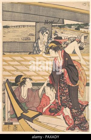 Freude Parteien in den Booten auf dem Sumida River unter der Ryogoku Brücke. Artist: Kitagawa Utamaro (Japanisch, Ca. 1754-1806). Kultur: Japan. Abmessungen: 15 3/32 x 10 1/5 in. (38,3 x 25,9 cm). Datum: Ca. 1796. Museum: Metropolitan Museum of Art, New York, USA. Stockfoto