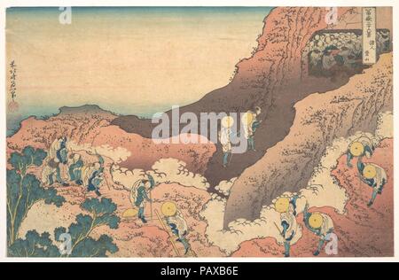 Gruppen von Bergsteiger (Shojin tozan ist), aus der Serie 36 Ansichten des Berges Fuji (Fugaku sanjurokkei). Künstler: Katsushika Hokusai (Japanisch, Tokyo (EDO) 1760-1849 Tokyo (EDO)). Kultur: Japan. Abmessungen: 9 1/2 x 14 5/8 in. (24,1 x 37,1 cm). Datum: Ca. 1830-32. Im Gegensatz zu den anderen Drucke aus der Serie, die den Berg Fuji aus der Ferne schildern, dieses Bild zeigt die ganz oben auf den "heiligen Berg", mit Pilgern auf atemberaubende Gipfel des Fuji Anreisen nach einem anstrengenden Aufstieg und ihren Weg in Richtung der Berge Grotten für Anbetung. Artwork auch als: 36 ANSICHTEN DES FUJI" bekannt ist. Stockfoto