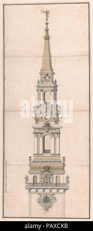 Design für die Turmspitze der Kirche Unserer Lieben Frau in Kopenhagen. Artist: Vincents Lerche (Dänisch, Kopenhagen Kopenhagen 1666-1742). Maße: Blatt: 28 3/8 x 11 7/16 in. (72 × 29 cm). Datum: Ca. 1738-42. Design für den Turm einer Kirche in einer nördlichen Barock Stil. Abgebildet ist die obere Hälfte des Spire, ausgehend vom Uhrwerk auf. Es gibt drei Stufen mit einer Balustrade vor dem Turm in einer schmalen Spitze enden, mit drei Kronen eingerichtet und durch die Abbildung eines Engels weht ein Horn überwunden. Der Turm ist mit Statuen der Evangelisten, der Dänischen Königlichen Wappen und Stockfoto