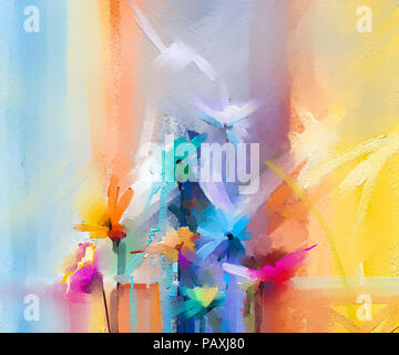 Abstrakte farbenfrohe Ölgemälde auf Leinwand. Semi-abstrakten Bild der Blumen, in Gelb und Rot mit blauer Farbe. Hand gezeichnet Pinselstrich, Öl Farbe Farbe Stockfoto