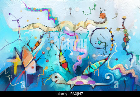 Abstrakte farbenfrohe Fantasy unterwasser Öl Malerei. Halb - Auszug der Kinder, Baum, Fische und Schildkröten. Frühling, Sommer Natur Hintergrund. Hand pai Stockfoto