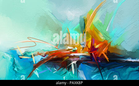 Abstrakte farbenfrohe Ölgemälde auf Leinwand Textur. Semi-abstrakten Bild der Landschaft Gemälde Hintergrund. Moderne Kunst ölgemälde mit Gelb, Rot ein Stockfoto