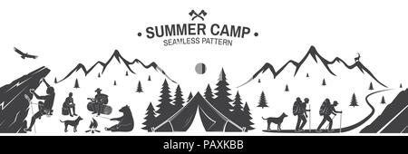 Sommer Camp nahtlose Muster. Vector Illustration. Outdoor Adventure Hintergrund für Tapeten oder Wrapper. Nahtlose Szene mit Bergen, Wanderer, Hund, Frau, Mann mit Gitarre, Lagerfeuer und Bergsteiger. Stock Vektor