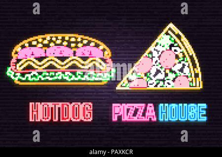 Retro neon Hot Dog und Pizza Zeichen auf Stein Wand Hintergrund. Design für Cafe, Restaurant. Vektor. Neon Design für Shop, Bar, Pub oder fast food business. Licht hot dog und Pizza Anmelden Banner. Gläschen. Stock Vektor