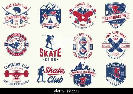 Satz von Skateboard und Longboard club Abzeichen mit Design Element. Vektor. Für skate club Embleme, Schilder, t-shirt Vintage Typografie Design mit Skateboard, skate Truck und Helm. Extreme Sport Stock Vektor