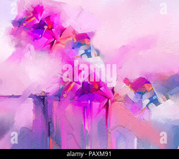 Abstrakte farbenfrohe Ölgemälde auf Leinwand. Semi-abstrakten Bild der Blumen, in Gelb, Rosa und Rot mit blauer Farbe. Hand gezeichnet Pinselstrich, Öl Farbe Stockfoto