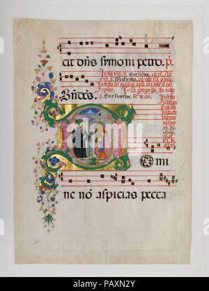 Manuskript Blatt mit Benedikt Wiederbelebung ein Junge in einem ersten D, aus einem antiphonar. Artist: Meister des Riccardiana Lactantius. Kultur: Italienisch. Abmessungen: Insgesamt: 21 7/8 x 15 7/8 in. (55,5 x 40,4 cm) Beleuchtung: 5 15/16 x 6 5/16 in. (15,1 x 16 cm) mat Größe: 28 15/16 x 23 in. (73,5 x 58,4 cm). Datum: Zweite Hälfte 15. Jahrhundert. Museum: Metropolitan Museum of Art, New York, USA. Stockfoto