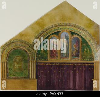 Design für den Innenraum der Kirche mit Noli Me Tangere Fenster. Künstler: Louis Comfort Tiffany (American, New York 1848-1933 New York). Kultur: American. Abmessungen: Insgesamt: 20 7/8 x 20 3/4 in. (53 x 52,7 cm). Teekocher: Tiffany Glas und dekorieren Firma (American, 1892-1902). Datum: Ca. 1890-1900. Tiffany konzipiert seine Innenräume als komplette Werke der Kunst, und seine ganzheitliche Ansatz ist in dieser Zeichnung eines Altarwand offensichtlich. Unter verzierte Mosaik Bögen sind ein wunderschön gerenderte Buntglasfenster von Christus zu Maria Magdalena, eine gestickte samt hängend, eine steinerne Gedenktafel, Gold erscheinen - Farbe Stockfoto