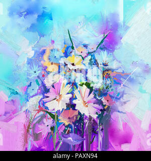 Abstrakt floral oil color Malerei. Handgemalten gelben und weißen Blüten in zarten Farben. Blumenbilder auf Grün Blau und Rot Farbe Hintergrund. Spri Stockfoto