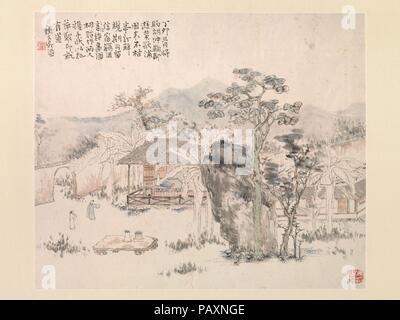 Garten Szene. Artist: Wu Tao (Chinesisch, 1840-1895). Kultur: China. Abmessungen: Bild: 13×11. (33 × 27,9 cm) Blatt: 20 15/16 × 20 15/16 in. (53,2 × 53,2 cm). Datum: 1867. Wu Tao war einer der führenden Literaten Landschaft Maler des späten neunzehnten Jahrhunderts. Er folgte der vorherrschenden Praxis der Gebäude auf die Stile der früheren Meister, die sich auf einen erweiterten und personalisierte Canon, die Maler der orthodoxen Schule und Maler, die ihre eigenen Wege, wie Shitao (1642-1707) folgte. In diesem Album Leaf, Wu gilt sein Gefühl für die Landschaft zu den kuratiert Welt der Stockfoto