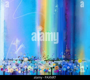 Abstrakte farbenfrohe Ölgemälde lila cosmos Flower, Daisy, wildflower in das Feld ein. Halb abstrakten Bild von Blumen in Gelb, Rosa und Rot mit blauer Farbe Stockfoto