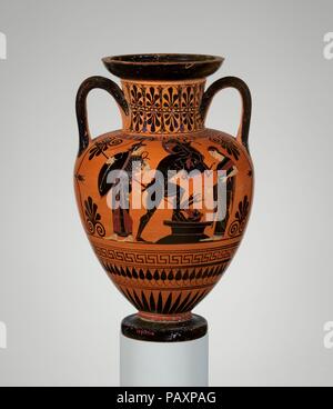 Neck-Amphora. Kultur: Griechisch, Dachboden. Abmessungen: H. 16 3/16 in. (41,1 cm) Durchmesser 10 cm. (26,7 cm). Datum: letztes Quartal 6. Jahrhundert v. Chr.. Herakles, die Erymanthian Eber zu Eurystheus. Krieger und Archer. Museum: Metropolitan Museum of Art, New York, USA. Stockfoto