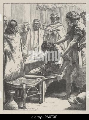 Der Hochzeit (die Gleichnisse unseres Herrn und Heiland Jesus Christus). Artist: Nach Sir John Everett Millais (Britisch, Southampton 1829-1896 London). Abmessungen: Bild: 5 1/2 x 4 5/16 in. (13,9 x 10,9 cm) Blatt: 7 5/16 x 6 1/16-in. (18,6 x 15,4 cm). Engraver: graviert und durch Dalziel Brüder (Briten, aktive 1839-1893) gedruckt. Datum: 1864. Es dauerte Millais sieben Jahre zwanzig Bilder durch Neue Testament Gleichnisse für die dalziel Brüder inspiriert zu entwerfen, und die daraus resultierenden Ausdrucke sind als Zinnen aus Holz graviert Abbildung. Der Künstler schreibt zu seinen Verlegern, 'Ich kann das normale drawi Stockfoto