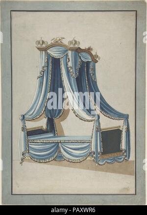 Design für ein Bett mit Baldachin. Künstler: Anonym, Französisch, 18. Maße: Blatt: 12 3/4 x 8 5/8 in. (32,4 × 21,9 cm). Datum: Ca. 1760-80. Das Himmelbett spielte eine wesentliche Rolle in der jeder Edelmann Schlafzimmer. Nicht nur Privatsphäre leisten aber, vor allem in den nördlicheren Teilen Europas, die Reichen Vorhänge spielte auch eine wichtige Rolle im Halten der Temperatur angenehm. Während des 17. und 18. Jahrhundert mehr und mehr Augenmerk wurde auf die Gestaltung der Himmelbetten gezahlt. Die Bettkopfteile, Stöcke und Füße wurden so geformt oder in alle möglichen Formen geschnitzt, und teuer, manchmal akribisch em Stockfoto