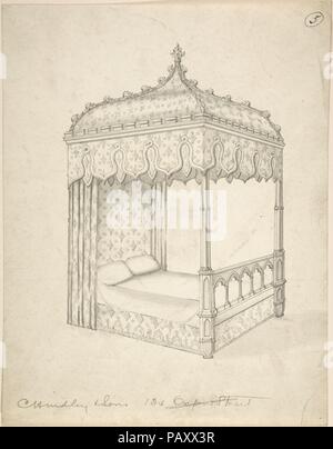 Design für eine gotische Bett mit Baldachin. Künstler: Charles Hindley und Söhne (Briten, London 1841-1917 London). Maße: Blatt: 11 5/16 x 8 13/16-in. (28,7 x 22,4 cm). Datum: 1841-84. Museum: Metropolitan Museum of Art, New York, USA. Stockfoto