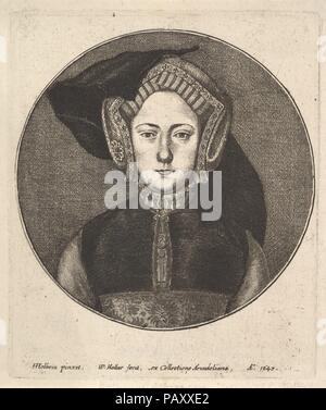 Unbekannte Frau. Artist: nach Hans Holbein der Jüngere (Deutsch, Augsburg 1497/98-1543 London). Abmessungen: Platte: 4 15/16 x 4 1/8 in. (12,5 × 10,5 cm) Blatt: 5 1/4 x 4 1/2 in. (13,4 x 11,5 cm). Plasmaätzer: Wenzel Hollar (Böhmische, Prag 1607-1677 London). Sitter: Ehemals als Katharina von Aragon, Kastilien (1485-1536). Datum: 1647. Büste länge Porträt einer Frau, die früher als Königin Katharina von Aragon. Von Hans Holbein Portrait in der Arundel Kollektion. Museum: Metropolitan Museum of Art, New York, USA. Stockfoto