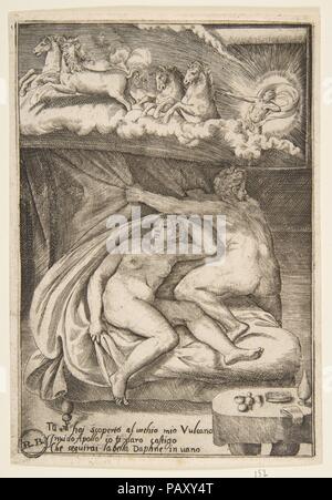 Venus und Mars entdeckt von Apollo, aus 'Liebt der Götter". Artist: Giulio Bonasone (Italienisch, Aktiv, Rom und Bologna, 1531 - nach 1576). Maße: Blatt: 6 11/16 x 4 3/4 in. (17 x 12 cm). Serie/Portfolio: Die liebt der Götter (Amorosi diletti Degli Dei). Datum: 1531-60. Museum: Metropolitan Museum of Art, New York, USA. Stockfoto