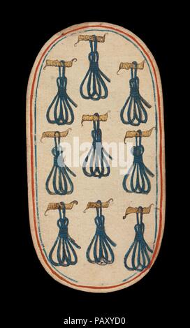 9 Anbindehaltung, aus den Kreuzgängen Karten spielen. Kultur: Süden Niederländischen. Abmessungen: 5 3/16 x 2 3/4 in. (13,2 x 7 cm). Datum: Ca. 1475-80. Die Klöster von zweiundfünfzig Karten stellt die einzige bekannte ganzes Deck von beleuchteten gewöhnlichen Spielkarten (im Gegensatz zu tarot Karten) aus dem 15. Jahrhundert. Es gibt vier Farben, die jeweils aus einem König, Dame, Bube und Zehn Zahlenkarten. Die Farbzeichen, an Geräten mit der Jagd verbunden, sind Jagdhörner, Hundehalsbänder, hound Anbindehaltung, Spiel und Schlingen. Der Wert des PIP-Karten ist durch entsprechende Wiederholungen des s angezeigt Stockfoto
