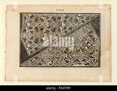 Prima parte de' Fiori, Seite 4 (Vorderseite). Autor: Giovanni Battista Ciotti (Italienisch, geboren Siena, Ca. 1560). Abmessungen: Insgesamt: 6 11/16 x 9 1/16-in. (17 x 23 cm). Drucker: Nicolo Moretti, Venedig. Erschienen in: Venedig. Herausgeber: Francesco de' Franceschi (Italienisch, Aktiv 16. Jahrhundert). Datum: 1591. Von Giovanni Battista Ciotti, gedruckt von Nicolo Moretti, Venedig, veröffentlicht von Francesco de' Franceschi, Italienisch, Aktiv 16. Jahrhundert geschrieben. Von oben nach unten und von links nach rechts: Design gliedert sich in 2 Abschnitte, die durch eine schwarze Linie mit Dreiecken an den Enden voneinander getrennt sind. Im oberen Bereich ist eingerichtet Stockfoto