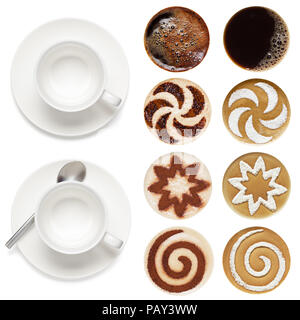 Blick von oben auf die heißen Kaffee (Espresso, Cappuccino, Latte) auf den weißen Hintergrund. Stockfoto