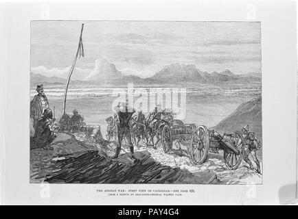 Gravur mit dem Titel "Die afghanische Krieg. Der erste Blick auf Candahar [Kandahar]' angezeigt Britische Artillerie auf dem Vormarsch. Aus einer Skizze von Brigadegeneral Walter Flügel. Von der Illustrated London News (1879) Stockfoto