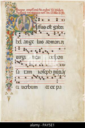 Manuskript Blatt mit der Heilige Johannes der Evangelist und St. Johannes der Täufer in einem ersten M, aus einem antiphonar. Artist: Meister des Riccardiana Lactantius. Kultur: Italienisch. Abmessungen: Insgesamt: 22 5/16 x 15 9/16 in. (56,7 x 39,6 cm) schreiben: 3 1/8 x 3 15/16 in. (8 x 10 cm) Mat Größe: 29 x 23 1/16-in. (73,6 x 58,5 cm). Datum: Zweite Hälfte 15. Jahrhundert. Museum: Metropolitan Museum of Art, New York, USA. Stockfoto