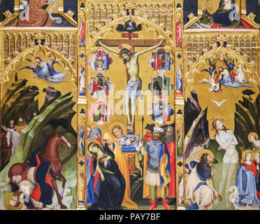 Valencia, Spanien - 15. Juni 2018: die mittelalterlichen Altargemälde in der Kirche von Valencia, Spanien, mit der Darstellung der Bekehrung des hl. Paulus, Jesus am Kreuz und die Ba Stockfoto