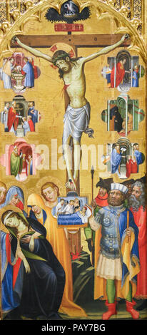 Valencia, Spanien - 15. Juni 2018: die mittelalterlichen Altargemälde in der Kirche von Valencia, Spanien, Darstellung von Jesus am Kreuz am Karfreitag Stockfoto