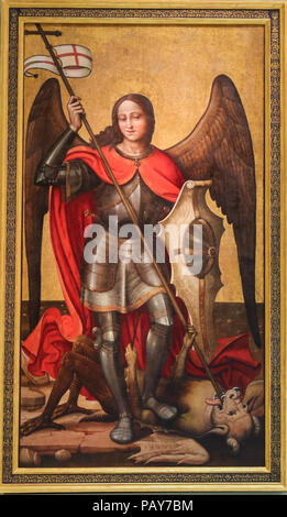 Valencia, Spanien - 15. Juni 2018: mittelalterliche Malerei in Valencia, Spanien, Darstellung des Heiligen Erzengels Michael slaying Satan Stockfoto
