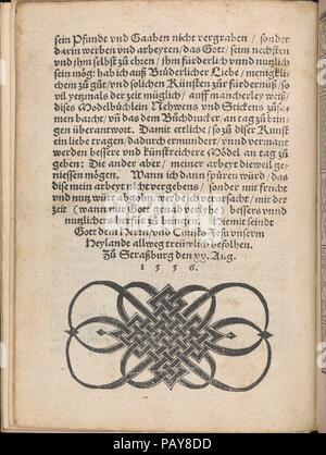 Neue Modelbüch allen Nägerin U. (Sydenstickern dedicatory Seite, 2v). Designer: Hans Hoffman (Deutsch, aktive Straßburg, 1556). Maße: Gesamt: 7 5/16 x 5 5/16 in. (18,5 x 13,5 cm). Herausgeber: Jakob Frölich, Strassburg. Datum: 1556. Von Hans Hoffman (Deutsch, aktive Straßburg 1556) und von Jacob Fr?lich, Straßburg veröffentlicht. Illustrierte Titelseite mit Hoffman's Monogramm, Erzählung Szene auf der Rückseite der Titelseite, Widmung (2 Seiten), 49 Seiten von Designs, die Seite mit Informationen über den Herausgeber und Erzählung Szene auf der letzten Seite. Museum: Metropolitan Museum of Art, New York, USA. Stockfoto