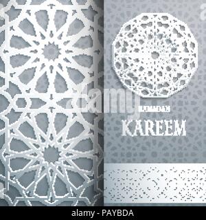 3d Gruß Ramadan Kareem Karte, Einladung islamischen Stil. Arabisch Kreis golden Pattern. Gold Ornament auf Schwarz, islamische Broschüre Stock Vektor