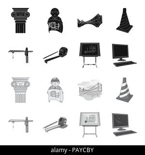 Baukran, Maßband messen, Zeichenbrett, Computer. Architektur Sammlung Icons in Schwarz, Schwarz-Weiß Stil Vektor symbol Lager i Stock Vektor